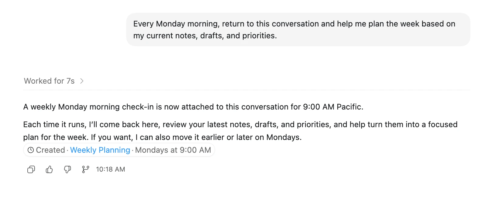 Codex automation confirmation for a weekly planning task